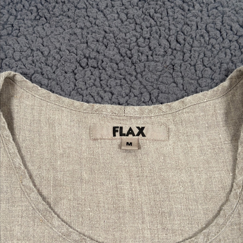 FLAX 100% Linen Short Sleeve Tunic Top Oatmeal Beige Tiered Hem Womens Medium - Picture 2 of 9
